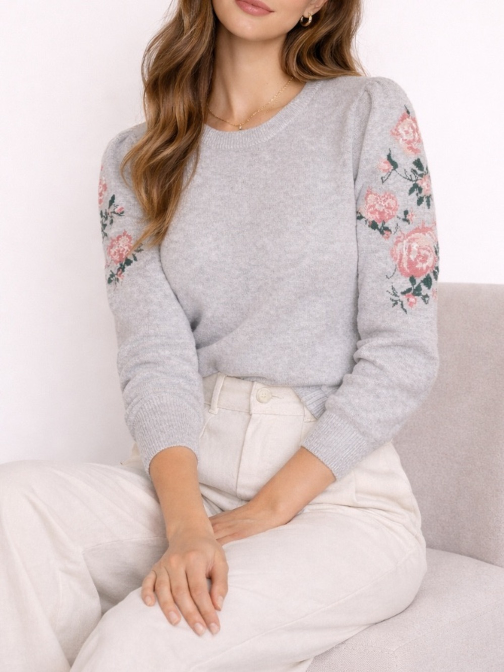 Club Monaco Poella Puff Sleeve Merino Wool Sweater Embroidery Print Size Medium